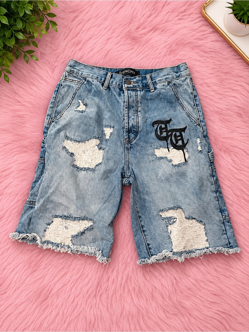 Distressed Light Blue Denim Shorts with Embroidered Logo - Women